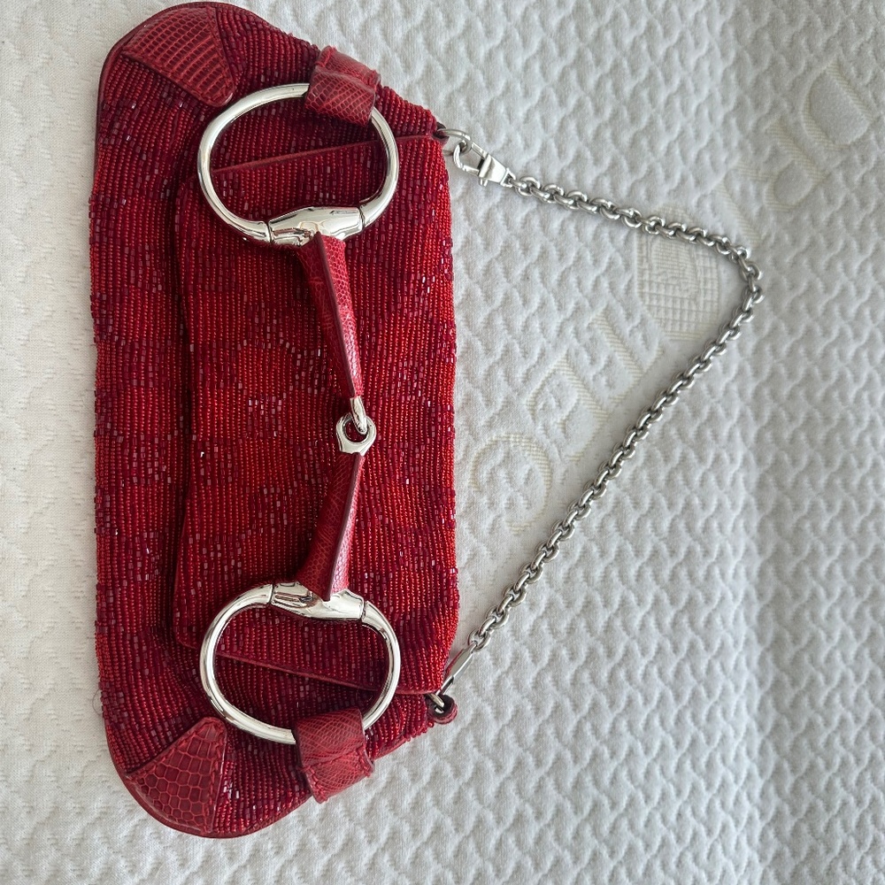 Gucci red Crystal GG beaded handbag with lizard skin and silver horsebit